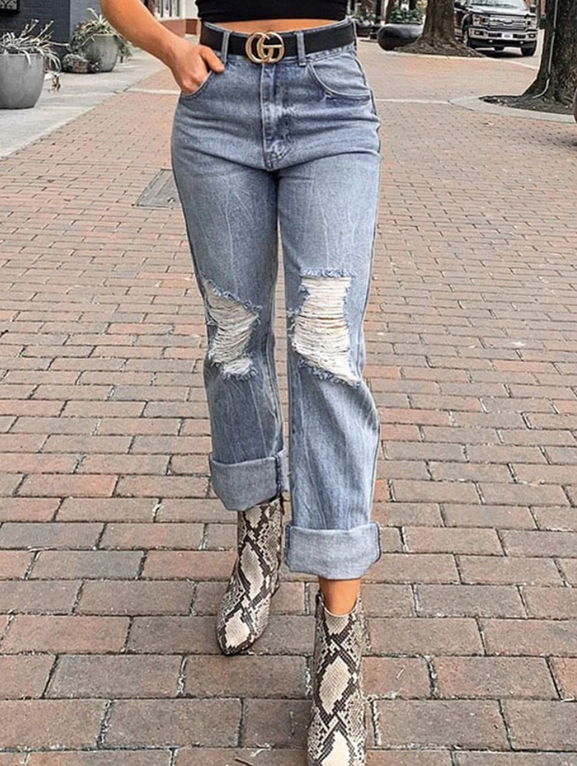 Shredded Casual Pocket Stretch Straight Jeans